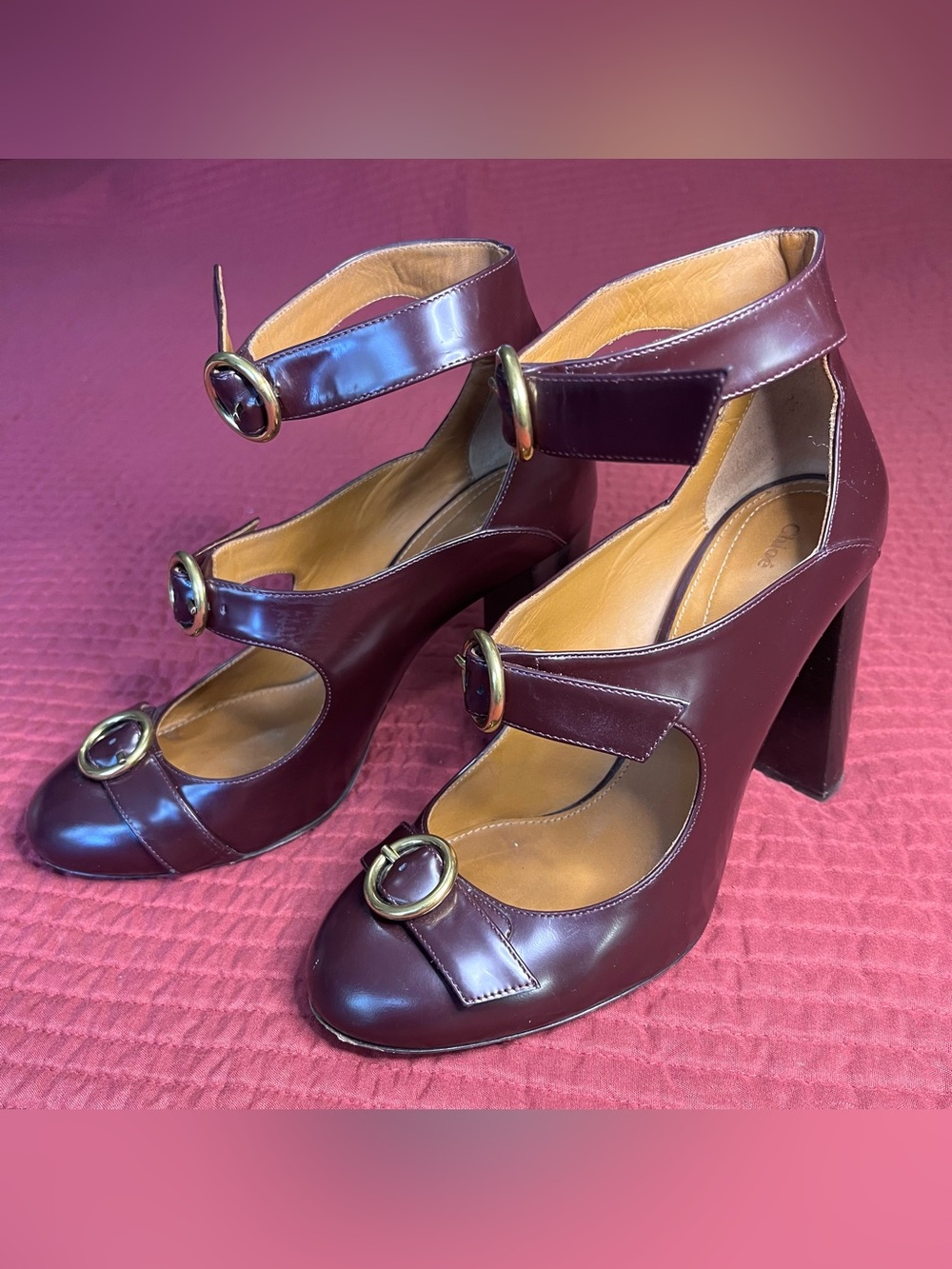 Chloé Icon Multi-Buckle Mary Jane Triple Strap Pumps Heel Burgundy 8.5 - Picture 5 of 11